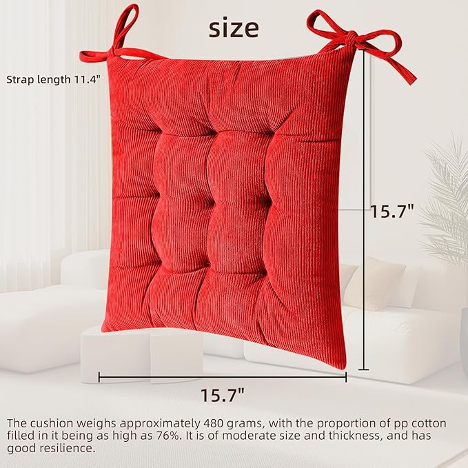 HLOVME Corduroy Chair Cushion with Ties Ultra Soft Warm Floor Cushion for Kids Reading Nook Comfortable Square Seat Cushion for Adult 15.7”x15.7” Set of 2, Bright red