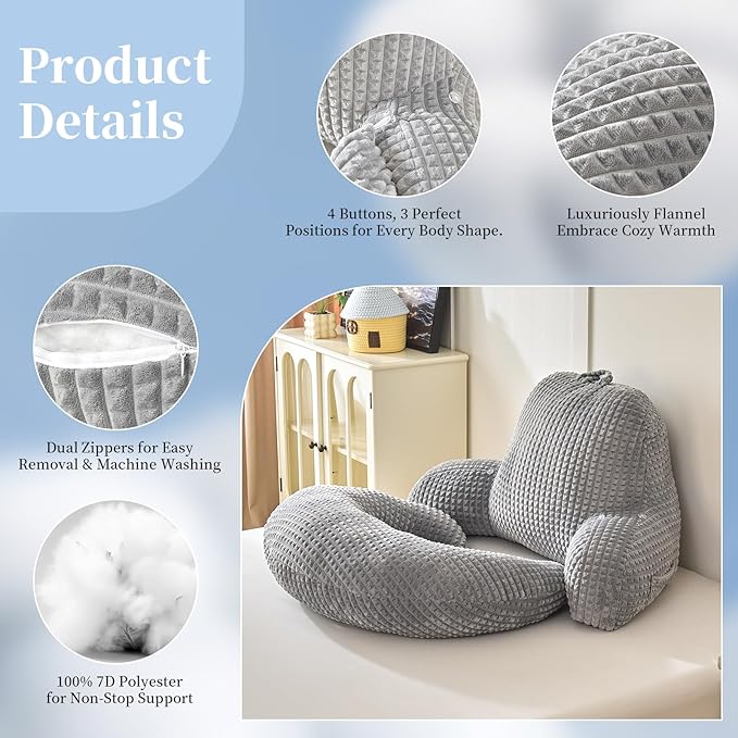 PAJEO Reading Pillow for Bed,U Shaped & Back Support Pillow for Bed,19" Backrest with Lumbar & Arm Support,Comfy Flannel Fabric,Lap Pillow for Gaming/Reading/Watching TV,Gray