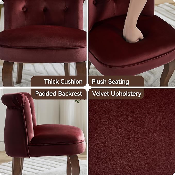 WUTUTUEE Velvet Vanity Chair with Solid Wood Legs, Tufted Upholstered Vanity Stool with Back, Mid Century Small Makeup Accent Chair for Bedroom, Living Room, Burgundy