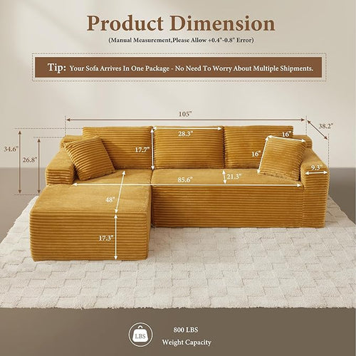 105" Sectional Couches for Living Room Cloud Couch Sofa with L-Shape Upholstered Boneless Couchs Modern Modular Sectional Couch with Chaise (Yellow, 105" W+Left Facing Chaise+2Seaters)