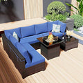 Ophelian 8 Piece Patio Furniture Set with Fire Pit Table, Wicker Outdoor Sectional Furniture, Outside Rattan Patio Couch Sets for Backyard, Garden, Deck (Brown/Blue)