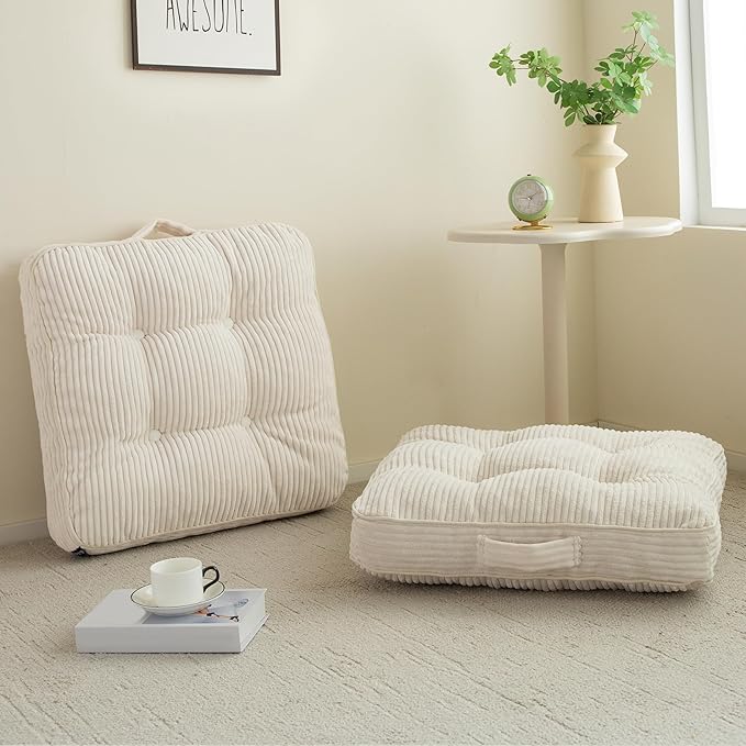 Washable Floor Pillow Cushion for Adults, Meditation Cushion Pillow, Large Square Floor Sitting, Removable Tufted Corduroy Cover, for Tatami Living Room or Yoga, 22x22 Inch, 2Pack, Machine Washable