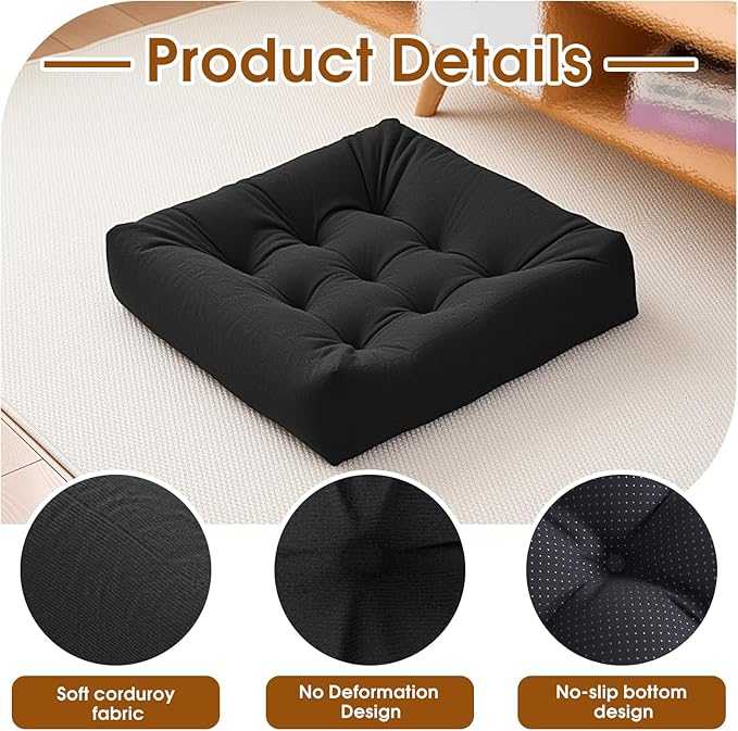 Tikuns 2Pcs Floor Pillows for Adults, 22 * 22 Inch Meditation Cushions, Large Square Sitting Cushion Living Room Memory Foam Pillow for Sitting (2, Black, 22x22x4 Inch)