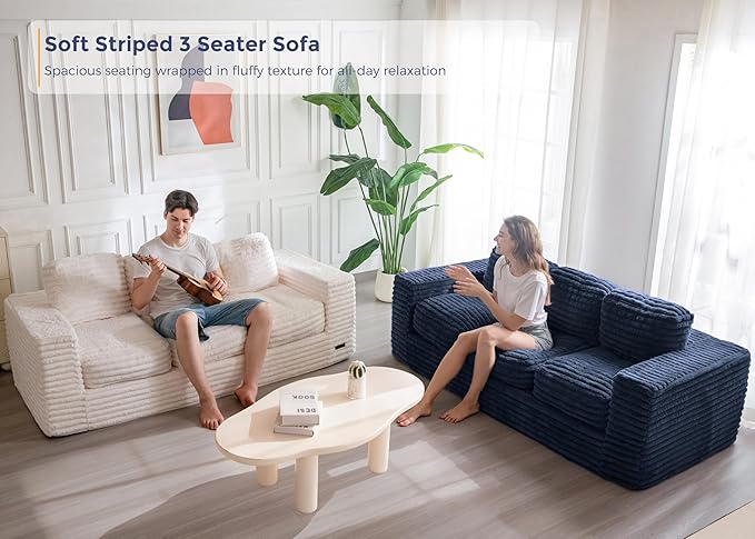MAXYOYO 3-Seater Boneless Sofa Couch, Modern Faux Fur Sofa for Living Room, Soft Bean Bag Chair High-Density Foam Couch with Pillows, No Assembly Required