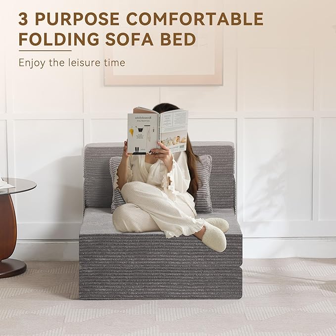 Folding Sofa Bed Convertible Floor Couch Foldable Chair Bed with Pillow，Linen Sleeper Chair Futon,Foldable Memory Foam Mattress for Bedroom/Living Room/Dorm/Office (Corduroy Grey, Single)