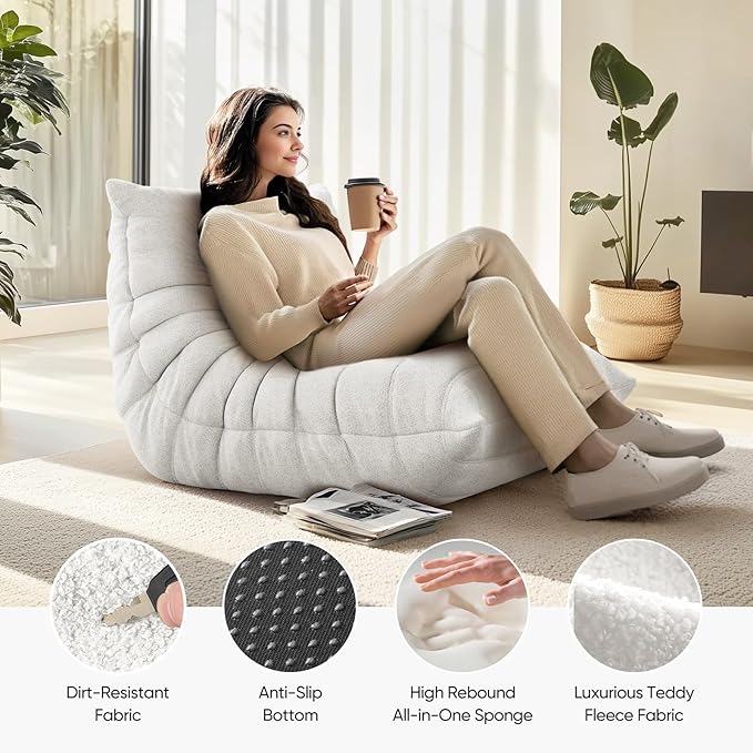 cebihy Premium Quality Compression Fireside Togo Chair, Adult Bean Bag Chair, Single Floor Couch, Soft Lazy Floor Chairs for Living Room, Bedroom, Salon & Office (Teddy White)