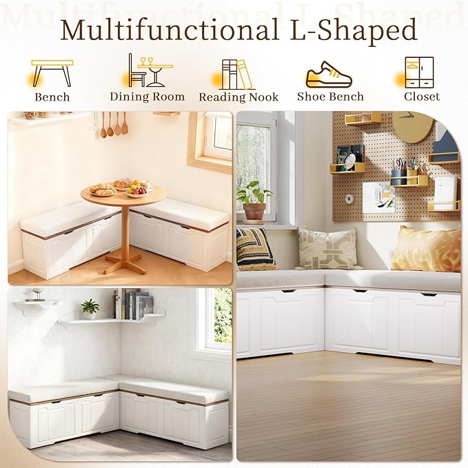 L-Shape Corner Bench with Hidden Storage, Shoe Benches with Cushion,63”Kitchen Corner Nook Bench Seating& Entryway Shoe Bench,Space-Saving Wood Corner Bench for Small Spaces,White, 63"*63"*17.7"