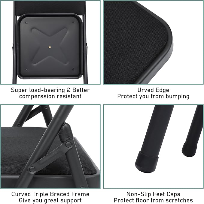 SEALAMB 16 Pack Fabric Folding Chairs with Padded Seats & Cushion, Metal Foldable Chairs for Wedding Party, Commercial Chairs for Office School Church Events, 350lb Capacity (Black-Fabric, 16 Pack)