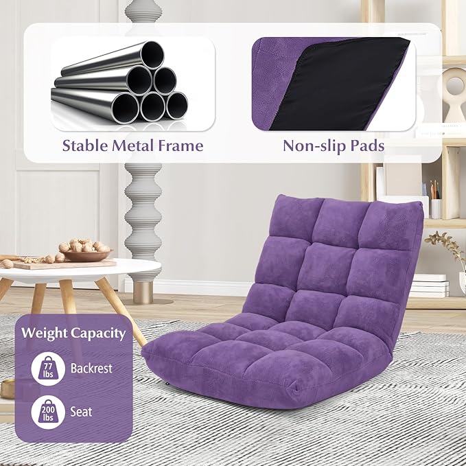 ARLIME Adjustable Floor Chair, 14-Position Lazy Sofa Chair with Back Support & Thick Padding, Portable Foldable Floor Couch for Adults, Kids, Use in Bedroom, Living Room, Home Theater (Purple)