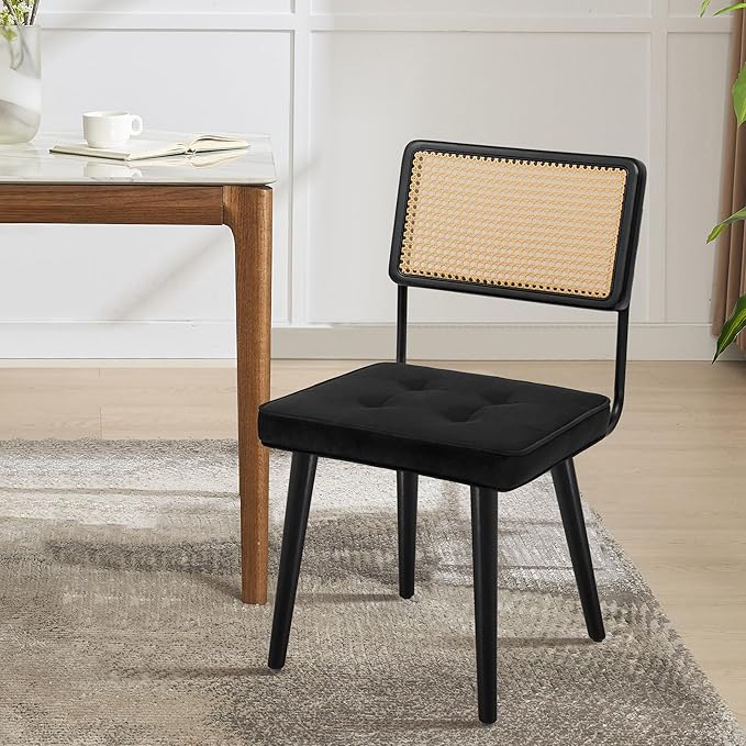 GarveeHome Natural Rattan Dining Chairs, Velvet Upholstered Kitchen Chairs with Tall Cane Backrest and Strong Wood Legs for Dining Room, Kitchen, Restaurant, Black