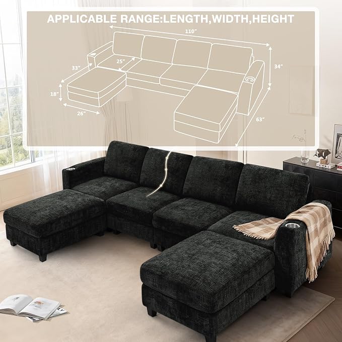 Lesofair 110" Chenille U-Shape Sofa with Flexible Ottomans, Comfy Sectional Sofa with 2 Built-in Cup Holders, Convertible 4 Seats Couch with Well-Filled Back Cushions for Living Room, House, Black