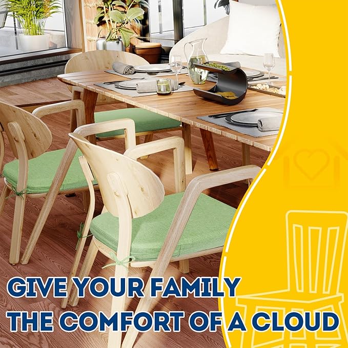 AAAAAcessories D-Shaped Chair Cushions, 2" Thick Dining Chair Pads with Ties and Removable, Machine-Washable Cover, 17" x 16", Set of 8, Pear Green