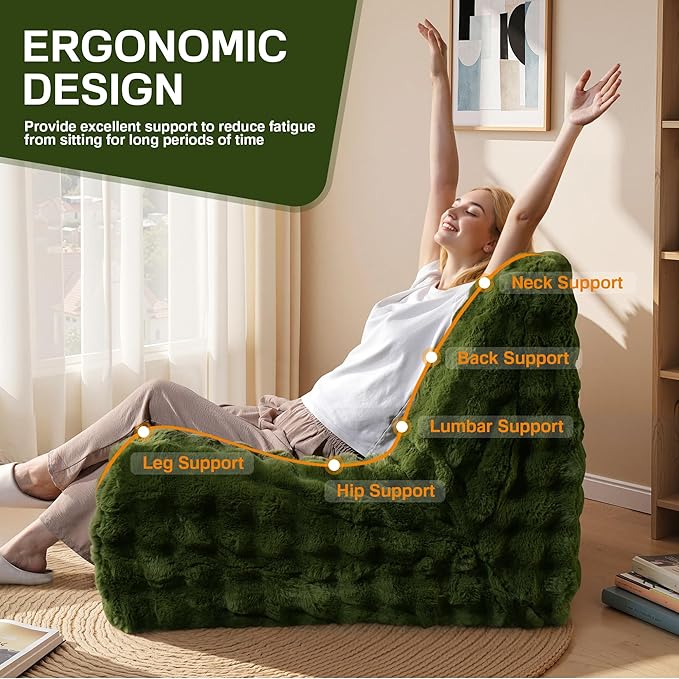 Bean Bag Chair for Adults, Giant Beanbag Lounger with Plush Faux Fur, Comfy Memory Foam Chair Floor Lazy Chair for Living Room Bedroom Dorm Apartment Reading Nook，Green