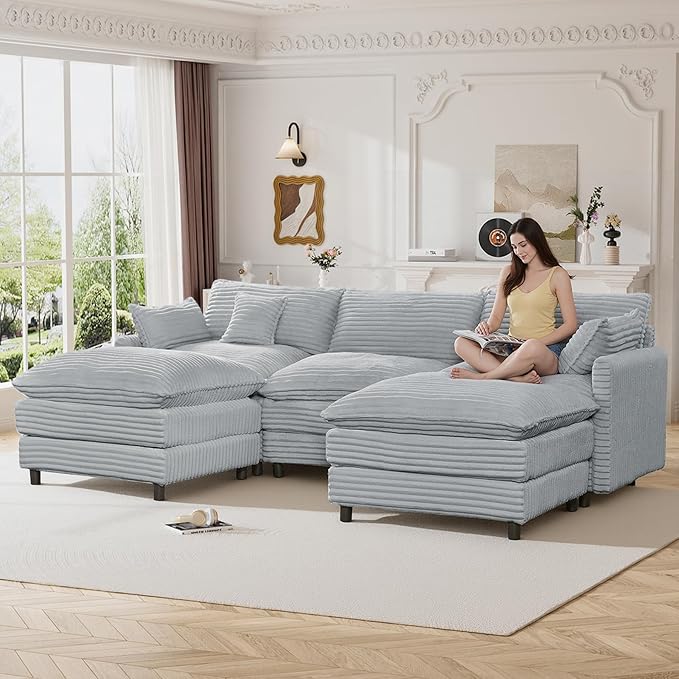 HYJT-H&K 108" U Shaped Cloud Couch Modular Grey Sectional Couches for Living Room, Comfy Fluffy Corduroy Oversized Cloud Sectional Couch Large 5 Seat Sectionals Sofa Set, Grey