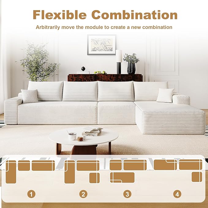 AUGOP 136" Sectional Couches for Living Room Modern Modular Sofa with L-Shape Couchs Upholstered Boneless Couch Deep Seat Sectional Couch with Chaise (White, Right Facing Chaise+3Seaters)