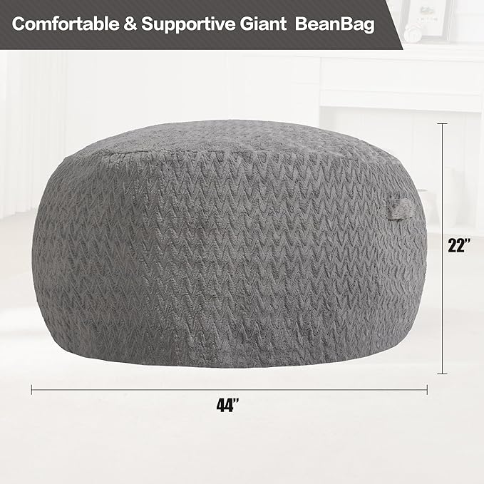 Hobestluk 4ft Bean Bag Chairs for Adults Large Beanbag Chair with Chevron Plush Fur Cover Big Bean Bag Chair for Living Room Bedroom Dorm Office - Grey (44” x 44” x 24”)