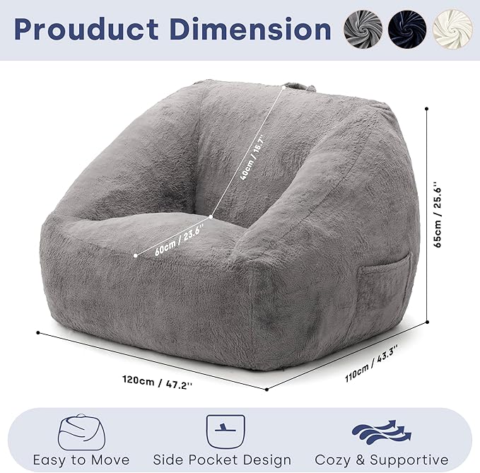 SUNBURY 47.2" Length L-Shaped Bean Bag Chair with Arms, Memory Foam Filled Floor Sofa with Handle & Side Pocket, Plush Faux Fur Chair for Adults, Living Room & Game Room (Gray)