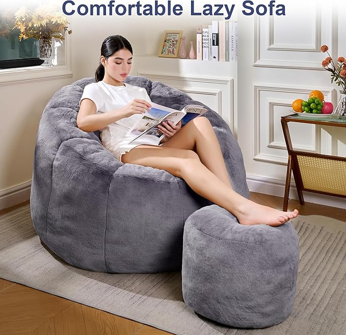 Pumpkin Shaped Bean Bag Chair with Ottoman, Gaint Bean Bag Chair for Adults, Faux Rabbit Fur Comfy BeanBag Floor Sofa Chair for Reading, Playing, Relaxing, Gray