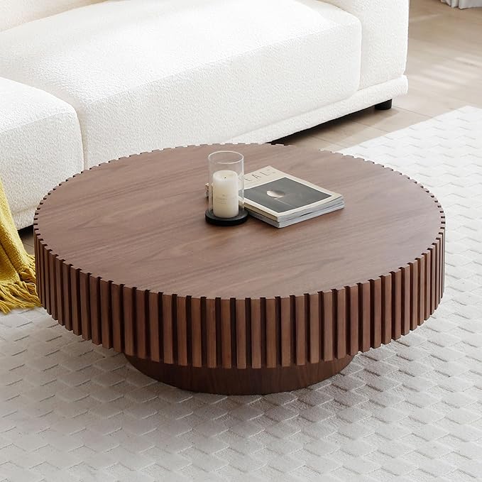 35.43''/90CM Round Wood Coffee Table for Living Room, Modern Handcraft Drum Coffee Table, Circle Wooden Tea Table for Small Space Apartment (Walnut, Ø35.43 x 13.77)