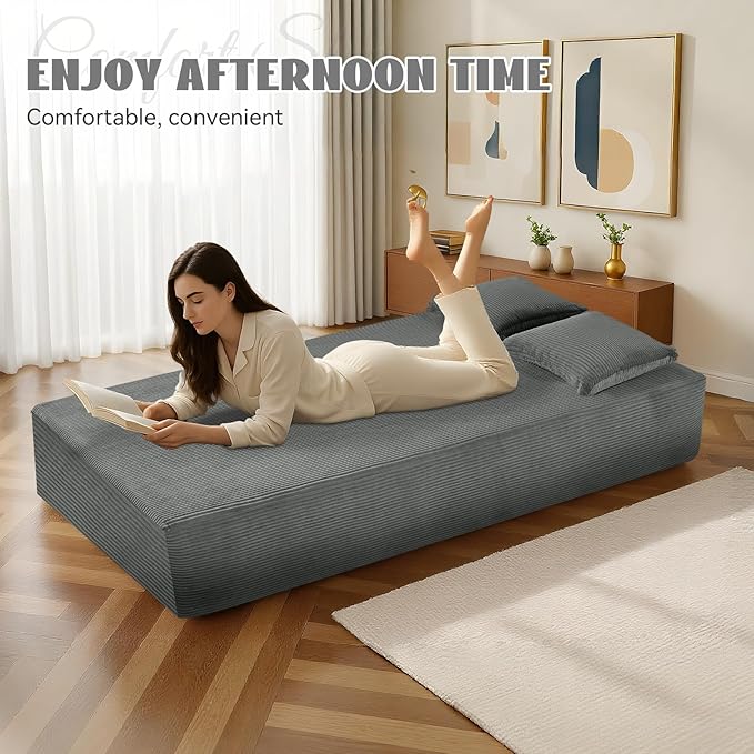 83" Sofa in a Box, 3 Seater Couch No Assembly Boneless Sofa Bed with Cushion Back 2 Pillows Deep Seat Corduroy Fabric Side Storage Pockets for Living Room, Bedroom, Apartment, Office, Light Grey