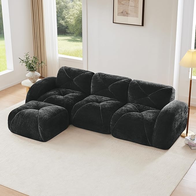 Modular Sectional Sofa with Free Combination,Boneless Floor Couch for Living Room & Lounge,Velvet 3-Seater Sectional Couch with Ottoman,No Assembly Needed