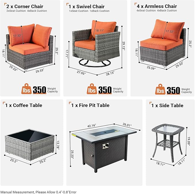 ovios 10 Piece Outdoor Patio Furniture Set with Fire Pit Table,Conversation Sectional Wicker Couch with Swivel Chairs,Modern Outside Sofa for Balcony Backyard, Orange