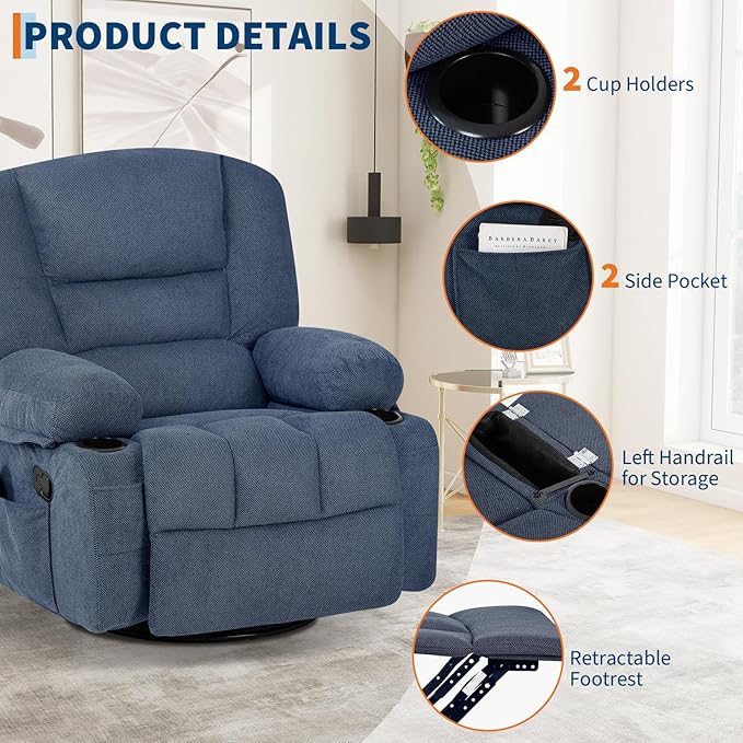 Rocker Recliner Chairs for Adults w/Vibration Massage and Heating,360° Swivel Rocker Glider Recliner,Extra Wide Manual Lazy Chair,Chenille Fabric Sofa Chair for Living Room,Bedroom,Blue