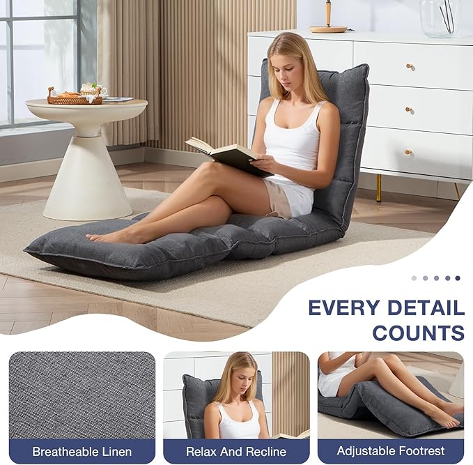 KAGMII Fabric Folding Floor Chair - 14-Position Adjustable Recliner for Reading, Gaming, and Ultimate Relaxation - Sleek Modern Design for Bedroom or Living Room (087 Gray)