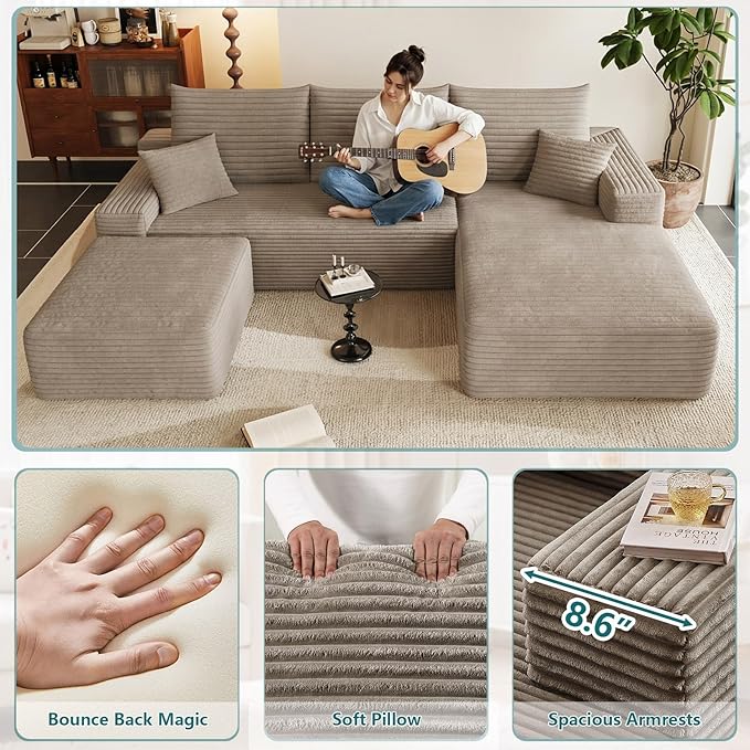 95" U-Shape Cloud Couch, Modern Modular Sectional L-Shape Sofa with Ottoman, Corduroy Upholstered Couches Deep Seat Sleeper Chaise Longue for Living Room, No Assembly Required(Camel, Right Facing)