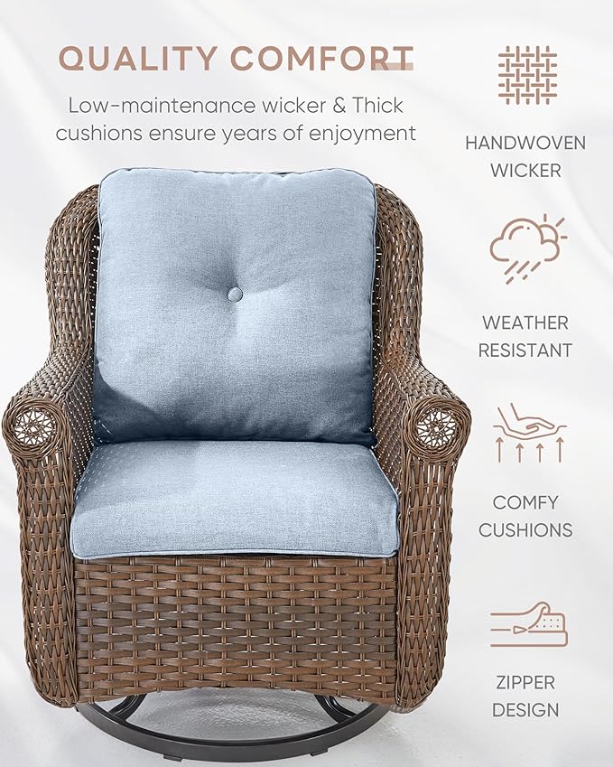 ACTREST Patio Chairs Outdoor Swivel Glider - Set of 2 High Back Outside Brown Wicker Rattan Rocking Chair with Thick Cushion for Porch Apartment Deck Yard Poolside Garden - Baby Blue