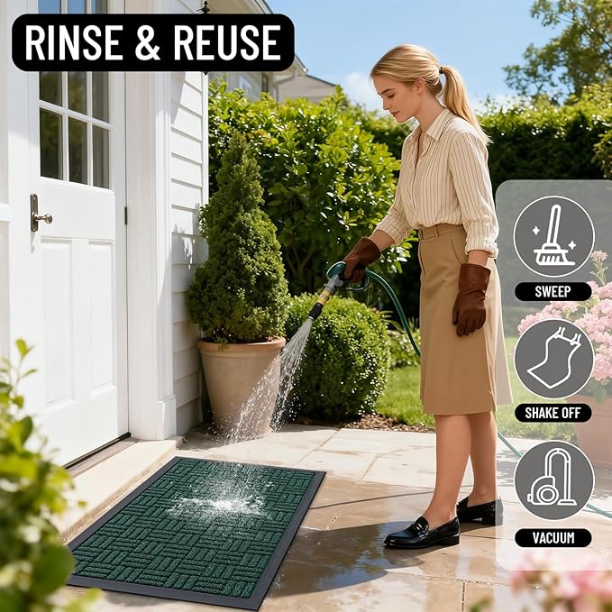 OLANLY Front Door Mat Outside Entrance 29.5x17, Absorbent, Heavy Duty Sturdy Natural Rubber Doormat Indoor Outdoor, Non-Slip, Stain and Fade Resistant, Low Profile Floor Mat for Entryway, Black Green