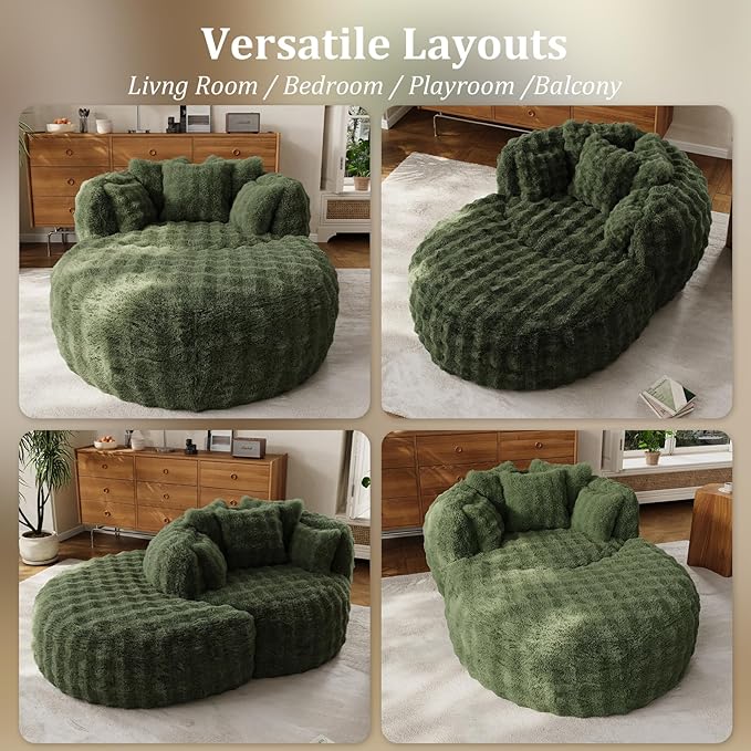 55" W Oversized Round Chaise Lounge Chair with Ottoman Indoor Boneless Faux Fur Plush Fluffy Circle Couch Soft Comfy Cozy Cloud Reading Chair with 5 Pillows for Living Room, Playroom, Bedroom - Green