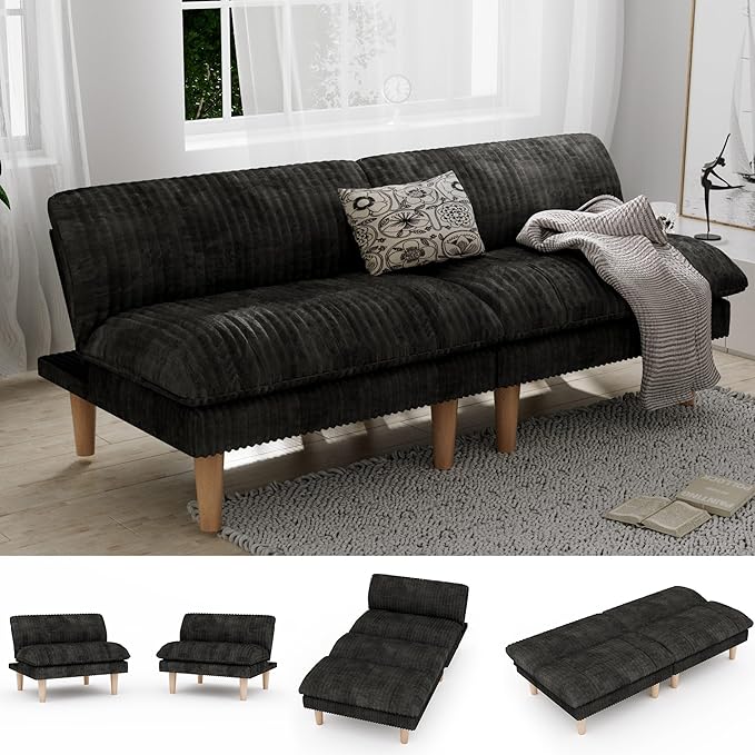 69" Futon Sofa Bed, 4 in 1 Multi-Function Couch Sleeper with Adjustable Backrest, Modern Convertible Futon, Recliner Small Loveseat for Living Room, Dorm, Plush Dark Grey