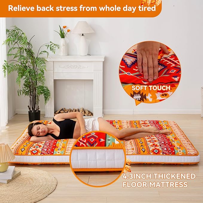 Dr.Futon Japanese Floor Futon Mattress Extra Thick Folding Roll Up Bed Topper Mat for Guest Lounger and Tavel Tradional Pattern