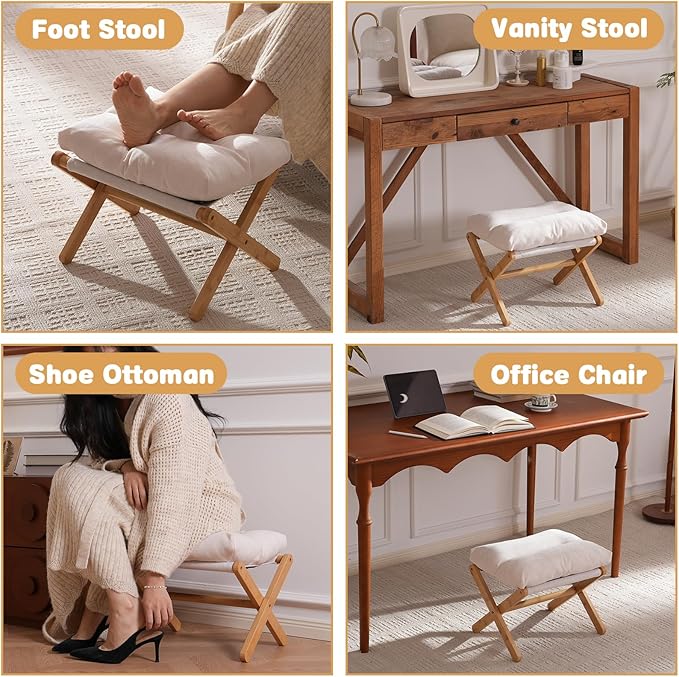Ottoman Foot Rest- Bamboo Foldable Stool, Foot Stools Small Ottman with Upholstered & X Legs, Folding Stool for Makeup, Bedroom and Living Room (Small Beige)