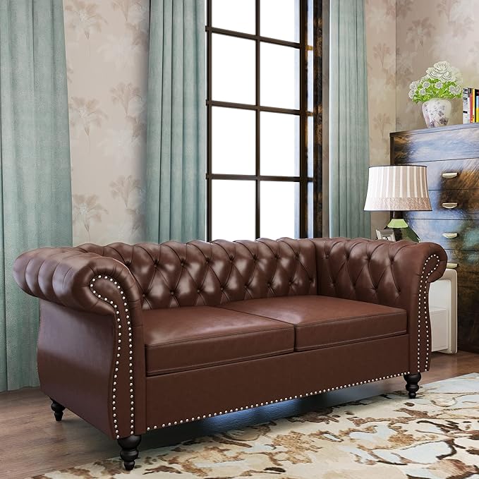 QHITTY Chesterfield Loveseat, Accent Sofa Modern Leather Couch Upholstered Sofa with Tufted Back for Living Room Furniture (Dark Brown)