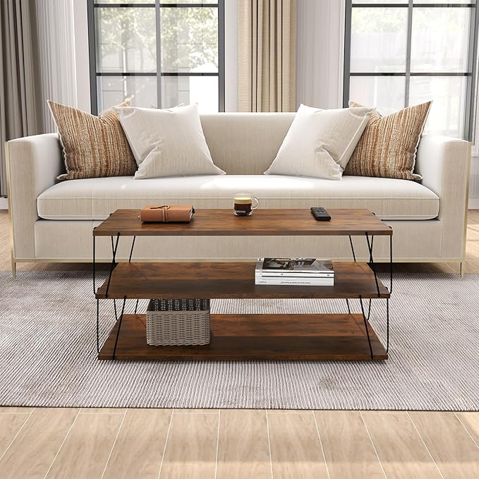 KJGKK Coffee Table, 40" Center Table with Storage Shelf, Rectangle Coffee Table, for Living Room, Toolless, Easy Assembly, Simple Style, Rustic Brown (Classic)
