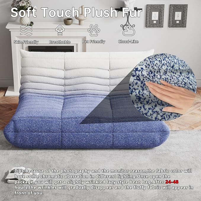 Bean Bag Chairs for Adults, BeanBag Reading Chair Memory Foam Couch 3-Seater, Floor Chair Soft Teddy Material, Comfy Reading Nook Chairs for Bedroom Living Room Office (Blue White)