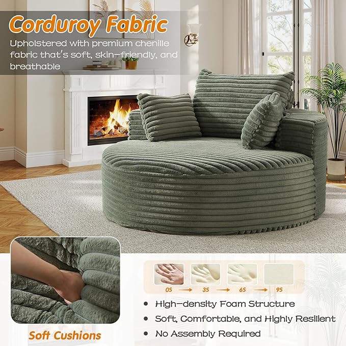 55"W Oversized Round Chair Lounge Chaise Indoor, Upholstered Comfy Circle Sofa Armchair, Modern Cozy Boneless Foam Floor Reading Chair for Living Room, Bedroom, No Assembly Required(Corduroy, Green)