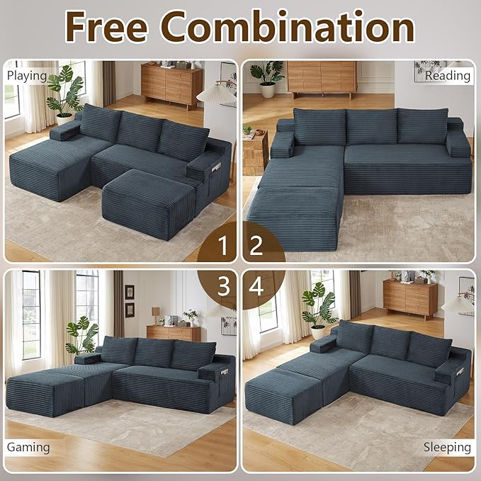 96" U-Shape Cloud Couch, Modern Modular Sectional L-Shape Sofa with Ottoman, Corduroy Upholstered Couches Deep Seat Sleeper Chaise Longue for Living Room, No Assembly Required(Dark Gray, Left Facing)