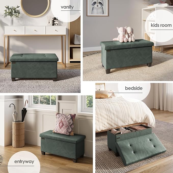 Storage Ottoman Bench with Bins, 30-in Storage Bench for Bedroom End of Bed, Folding Foot Rest Ottoman for Living Room Max 660lbs, Faux Leather Ottomans, Green