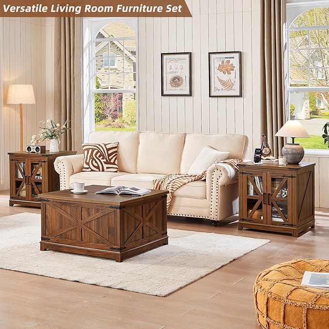 Joaxswe Farmhouse Coffee Table Set, 3 Pieces: Large End Side Tables with Charging Station and Coffee Table with Hidden Storage Compartment, Brown Wood Furniture Sets for Home Office