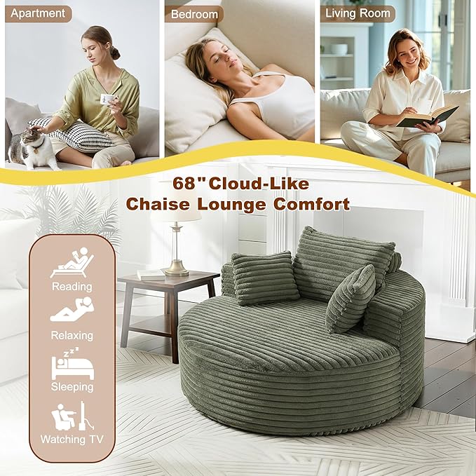 55'' Oversized Round Boneless Chaise Lounge Chair Indoor, Upholstered Corduroy Deep Seat Cloud Large Circle Sofa Couches Bed Corduroy Modern Floor No Assembly Sleeper Bed for Living Room, Bedroom