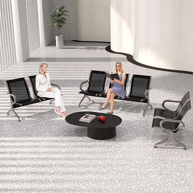 Kinfant Waiting Room Benches Set- 3-Pieces Office Guest Chairs Reception Chairs with Arms for Airport, Hospital, Bank, Salon, Barbershop, Hall, Room Conference(Black Mesh)