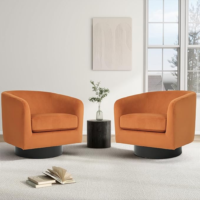 Swivel Barrel Chair, Modern Round PU Leather Accent Armchair for Living Room, Bedroom, Oversized Comfy Club Reading Chairs for Adults (Velvet Orange, Set of 2)