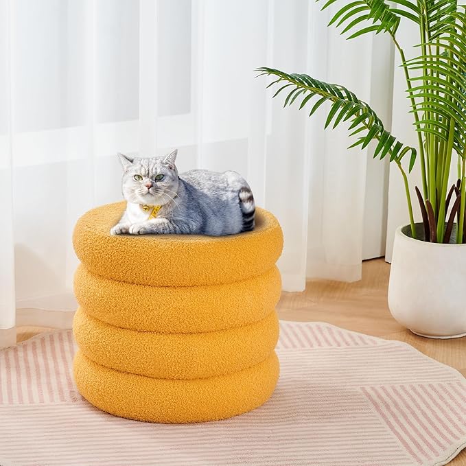 Wimarsbon Round Storage Ottoman, Modern Sherpa Footstool, Teddy Vanity Stool with Flip-Top Tray, Makeup Chair for Home Decor, Upholstered Footrest for Living Room & Bedroom (Yellow)