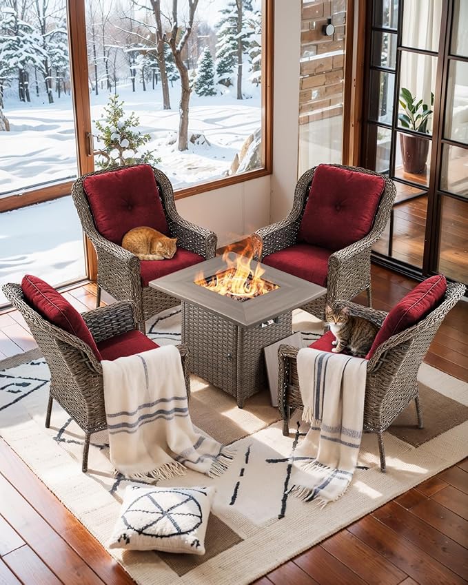 ACTREST Patio Wicker Chairs Outdoor Furniture Chair - Set of 4 Outside All Weather Lawn Dining Brown Rattan Armchair with High Back&Deep Seating for Deck Porch Balcony Backyard Garden - Red