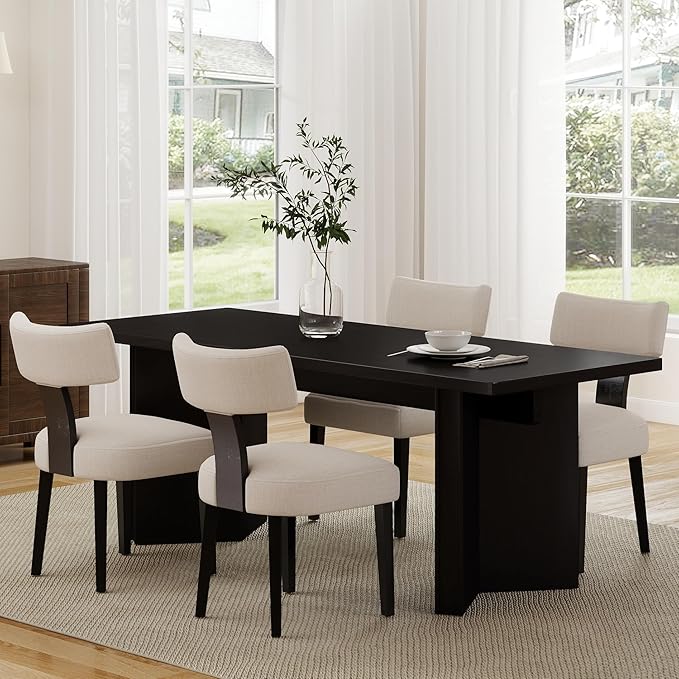 RIVOVA Linen Dining Chairs Set of 4 Modern Dining Chair with Black Wood Legs, Upholstered Dining Chairs for Dining Room, Kitchen, Vanity, Living Room, Beige