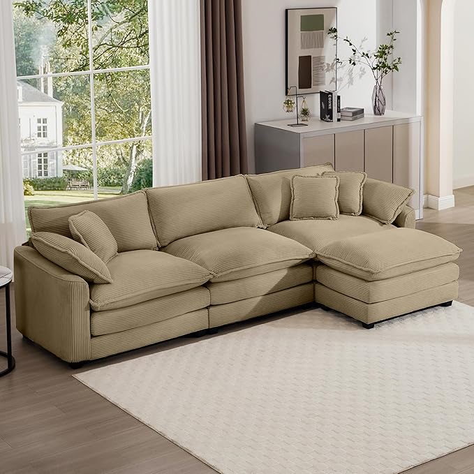 Aoowow Corduroy 3 Seater Cloud Couch with Ottoman,Modern Cloud Couches for Living Room,Modular Sectional Cloud Sofas with Deep Seat,Oversized Tufted L-Shaped Sofa Set (Tan, 3 Seater + 1 Ottoman)