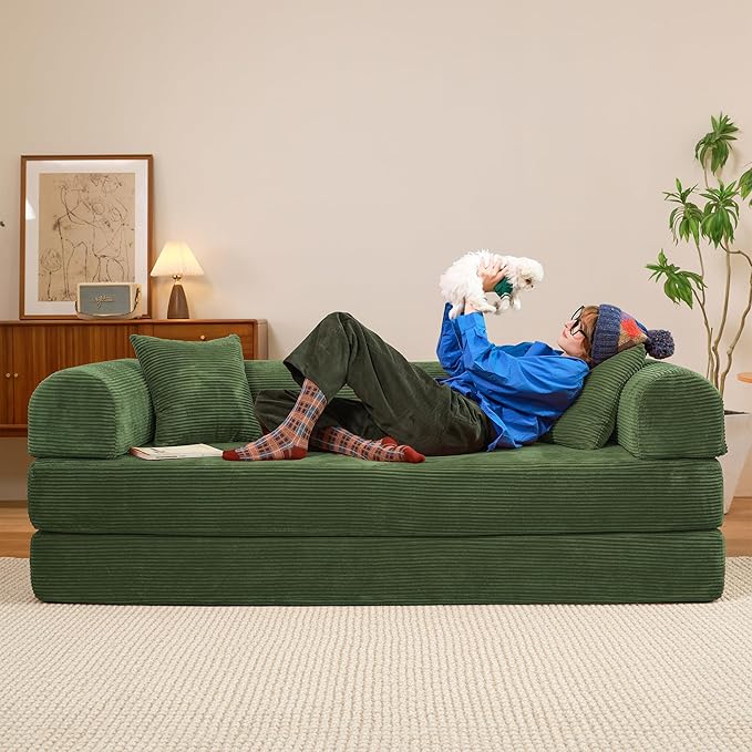 79" Convertible Sofa Bed, Boneless Corduroy Sleeper Foldable Modular Couch, Memory Foam Compressed Sofa in A Box, Folding Mattress Floor Couch for Small Space Living Room Apartment Bedroom, Green